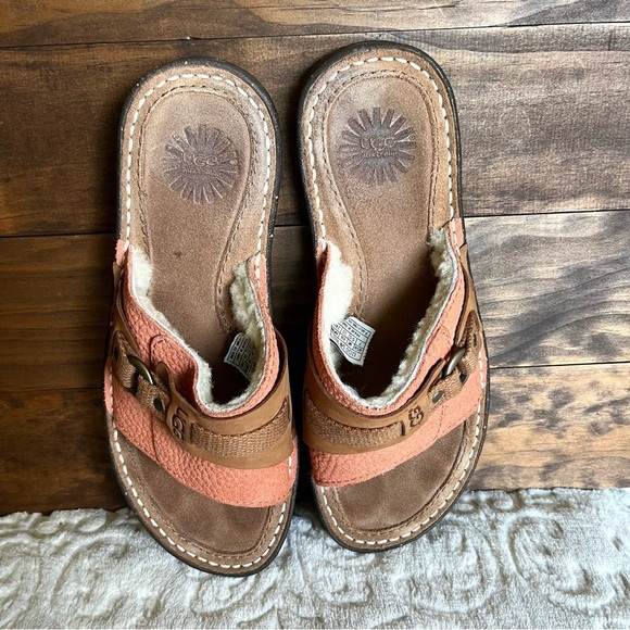 UGG Womens Sherpa Lined Fuzzy Leather Sandals Sz 7 Slip On Slides Sheepskin EUC - Picture 5 of 10